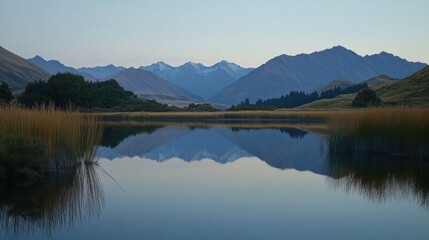 Obraz premium Serene mountain landscape reflecting in calm waters at dusk.