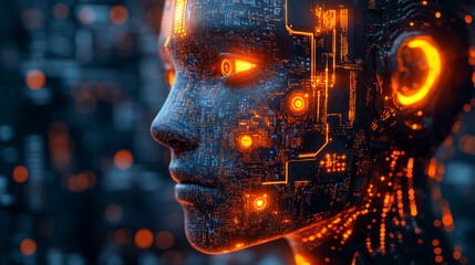 Digital Humanoid AI Face Circuitry Glowing Orange Technology 3D Data Robot Modern Design Future     