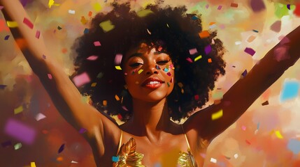Celebrating Life: A vibrant digital painting of a joyful Black woman amidst a flurry of confetti, radiating happiness and freedom.