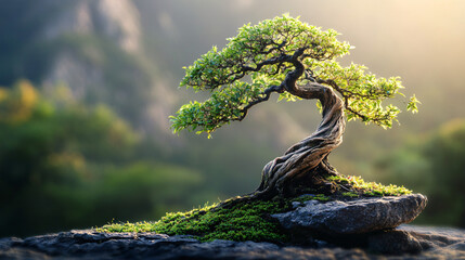 Bonsai Serenity: A captivating bonsai tree, its intricate branches and gnarled trunk gracefully reaching towards the sky. Soft sunlight filters through its leaves.