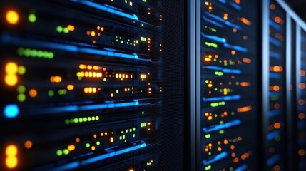 Naklejka premium Close Up Of Glowing Server Racks