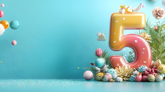 Celebratory cake with colorful balloons confetti and to commemorate a 5th birthday or anniversary party  Festive and joyful with number 5 candle garland and floral elements