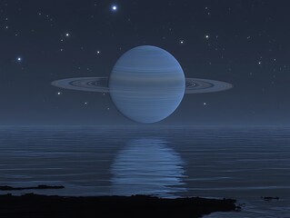 Saturn-like planet over tranquil sea at night