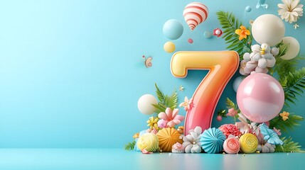 Vibrant and festive birthday or anniversary arrangement featuring colorful balloons flowers and confetti  Joyful and cheerful holiday or special event backdrop with a styled display