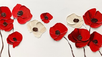 A vibrant arrangement of red and white flowers with dark centers, beautifully contrasting against a light background.