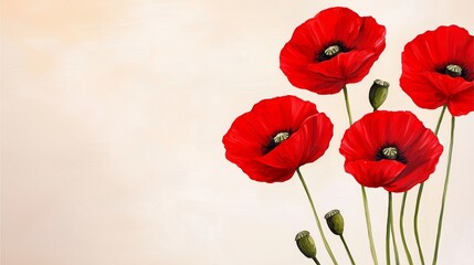 Naklejka premium A vibrant arrangement of red poppy flowers against a soft, neutral background, showcasing their delicate beauty and natural elegance.