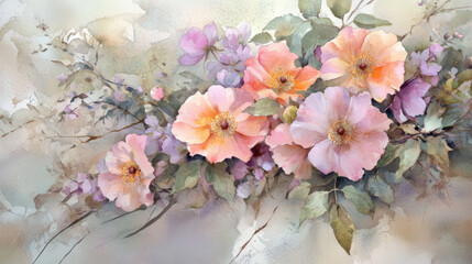 artistic floral frame, watercolor painting, soft pink and lilac flowers