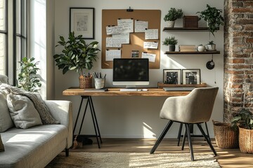 Stylish home office with A-frame desk, black metal legs, natural wood top, grey sofa, wall art, mood board, and daylight.