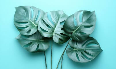 Naklejka premium Tropical Monstera leaves on blue background; summer design