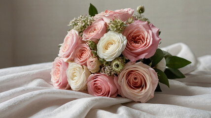Obraz premium A soft and elegant bouquet of pink and white roses, complemented by small green foliage and delicate white blooms, rests on a white fabric backdrop.