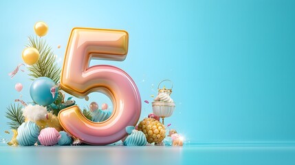Vibrant and whimsical of a 5th anniversary or milestone event featuring a large pastel number 5 cake surrounded by colorful balloons confetti pineapple and tropical foliage in a background design