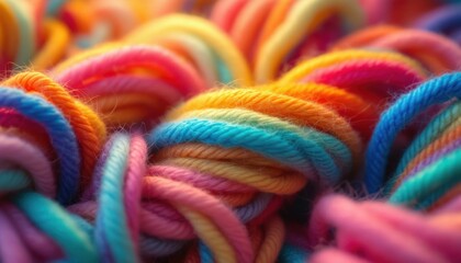 Vibrant multicolored yarn in tangled close-up texture