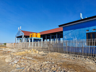 Blue building. Fish auction place