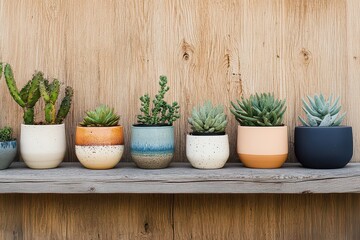 Fototapeta premium A vibrant display of assorted succulent plants in decorative pots on a wooden shelf outdoors