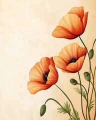A tranquil illustration of three orange poppies against a soft, neutral background, highlighting their delicate petals and lush green stems.