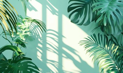 Tropical plants cast shadows on a light green wall, ideal for home decor or wellness websites