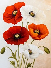 A vibrant arrangement of red and white poppy flowers with delicate petals and green stems against a soft background.