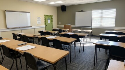 Modern classroom with empty desks and boards