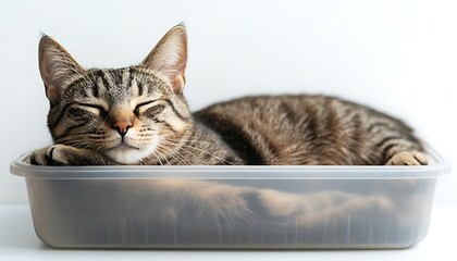 Sleepy Tabby Cat Napping in Plastic Box