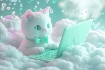 Adorable white kitten with green eyes uses a mint-colored laptop in a dreamy cloud setting.