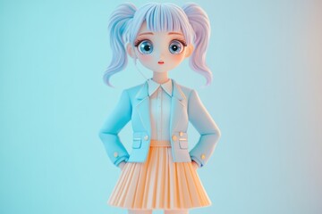 Fototapeta premium A cute 3D anime girl with pigtails, wearing a pastel blue blazer and pleated skirt, poses against a light blue background.