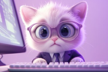 Adorable cartoon cat wearing glasses works diligently on a computer keyboard.