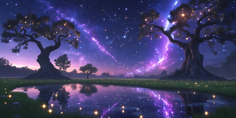 a vibrant constellation sprawled across the starry night sky above a lush, dense meadow and lake, created by generative ai