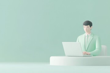 A 3D rendered illustration of a man in a mint green suit working on a laptop.