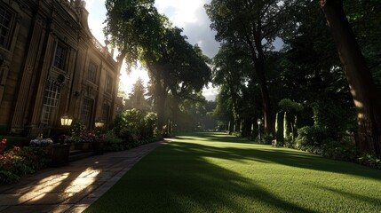 Lush garden pathway leading to an elegant mansion, sunlight filtering through trees, vibrant flowers