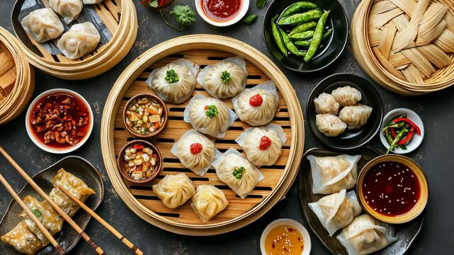 Dumpling feast featuring various types of dumplings and vibrant condiments on a wooden table