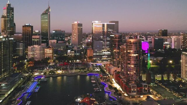 Aerial orbit view of downtown skyline at night Perth, Western Australia