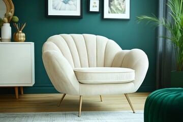 Beige velvet armchair with gold legs, in front of a teal wall, white sideboard, black mirror, green ottoman, and framed pictures.