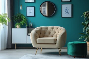 Beige velvet armchair with gold legs, in front of a teal wall, white sideboard, black mirror, green ottoman, and framed pictures.
