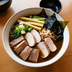 Delicious bowl of Japanese ramen with rich broth, topped with slices of tender chashu pork, bamboo shoots, green onions, seaweed, and narutomaki fish cake. Served in a white ceramic bowl on a wooden t