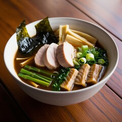 Delicious bowl of Japanese ramen with rich broth, topped with slices of tender chashu pork, bamboo shoots, green onions, seaweed, and narutomaki fish cake. Served in a white ceramic bowl on a wooden t
