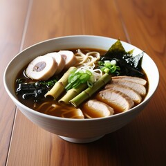 Delicious bowl of Japanese ramen with rich broth, topped with slices of tender chashu pork, bamboo shoots, green onions, seaweed, and narutomaki fish cake. Served in a white ceramic bowl on a wooden t