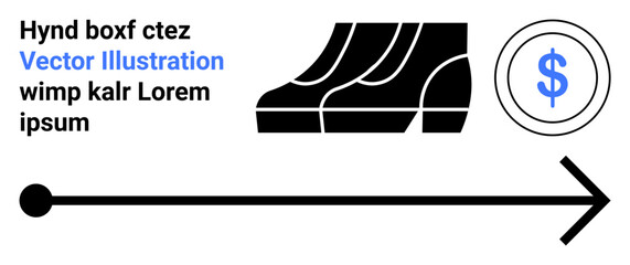 Shoes walking forward, dollar symbol in a circle, horizontal arrow indicating progress or direction. Ideal for growth, finance, investments, business strategy, financial planning, success flat