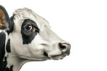 Black and white cow standing isolated on a white background, full-body side view with clipping path.