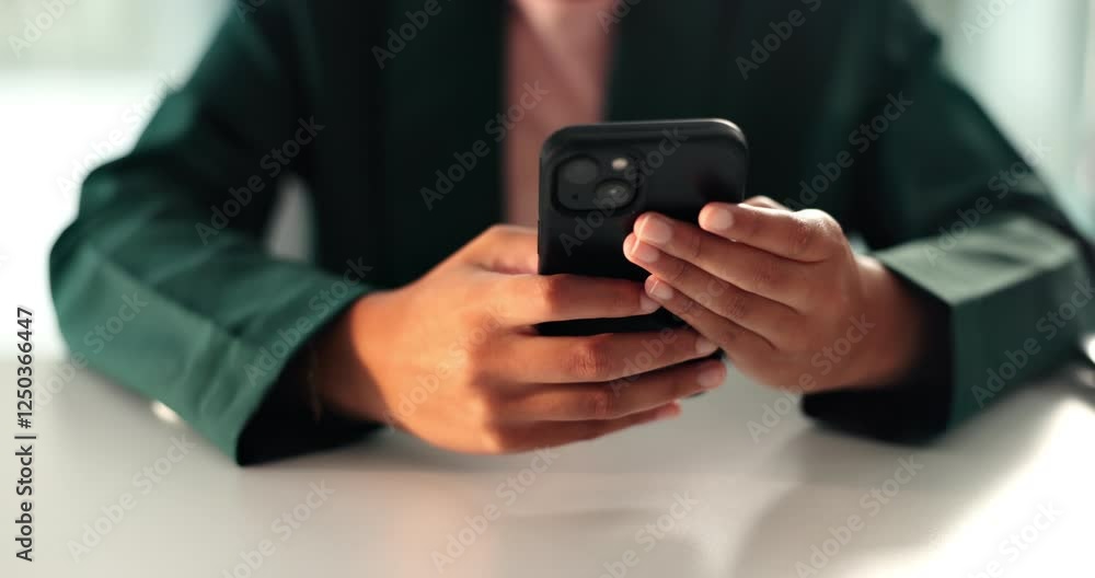 Poster hands, phone and texting in office at startup with contact, notification and scroll on mobile app. p