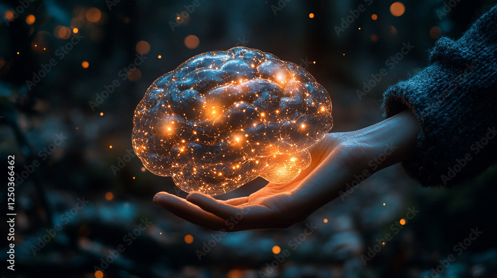 Poster glowing brain in hand abstract neural network concept art digital design bright illuminated mind