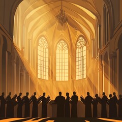 Fototapeta premium A choir singing in a majestic, lit-up church with stained glass windows.