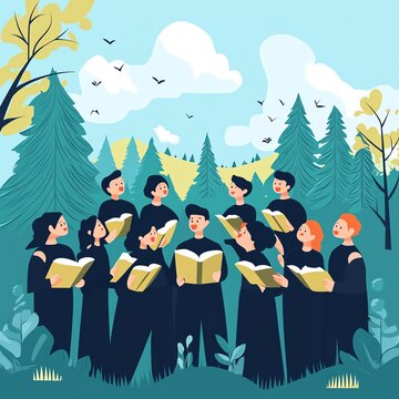 A choir singing joyfully in a serene forest setting with lush greenery and blue skies.