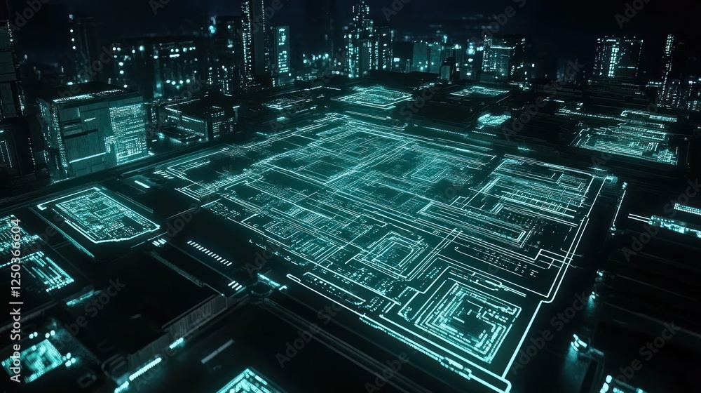 Poster futuristic cyberpunk cityscape with glowing data streams and architecture