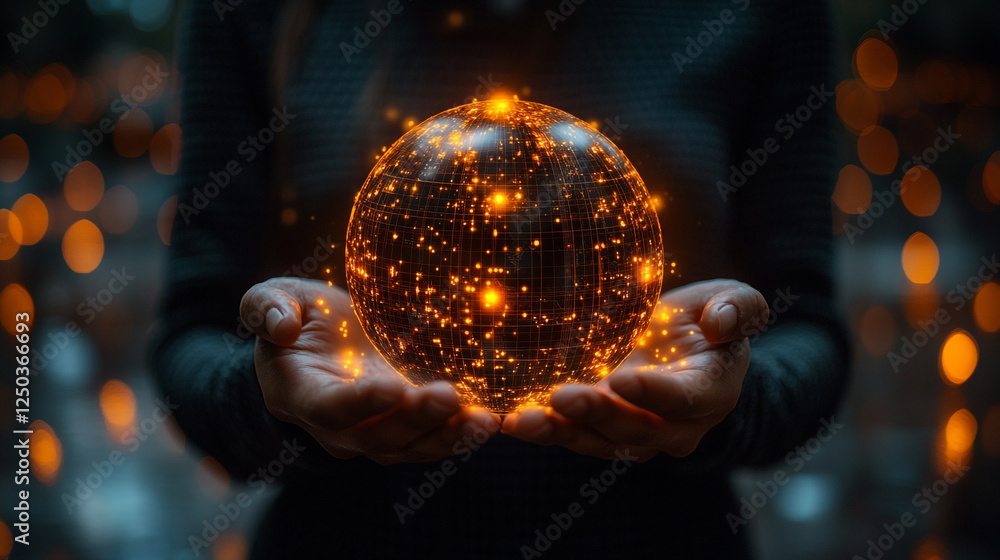 Poster glowing digital sphere held in hands abstract technology network global connection art dark data