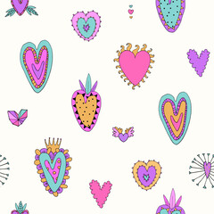 Seamless design of brightly colored drawn hearts. Cute cartoon hearts.