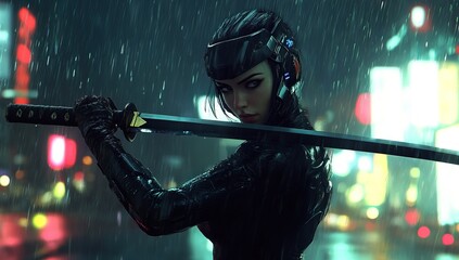 Cyberpunk Warrior in the Rain