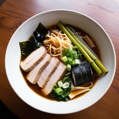 "Delicious bowl of Japanese ramen with rich broth, topped with slices of tender chashu pork, bamboo shoots, green onions, seaweed, and narutomaki fish cake. Served in a white ceramic bowl on a wooden 
