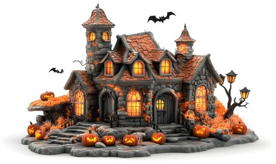 Fototapeta premium Spooky Halloween castle with pumpkins, bats, and lights; perfect for holiday cards