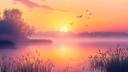 Naklejka premium Serene sunrise over a misty lake with birds flying, creating a tranquil atmosphere.