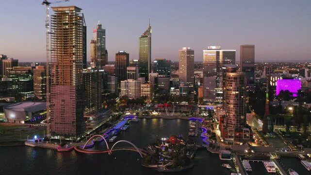 Aerial view of downtown skyline at dusk, Perth, Western Australia